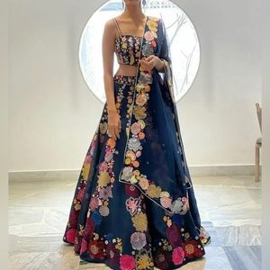 Navy blue floral print lengha